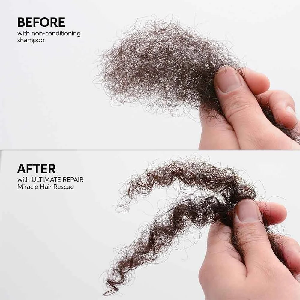 Before and after comparison of hair with and without a conditioner, showing a hand holding hair strands.