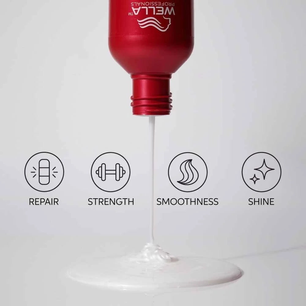 A red bottle of Wella Professionals hair repair cream is shown dispensing a white cream onto a white surface, with four black icons and labels below reading Repair, Strength, Smoothness, and Shine.
