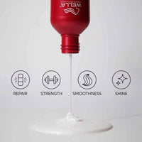 Thumbnail for A red bottle of Wella Professionals hair repair cream is shown dispensing a white cream onto a white surface, with four black icons and labels below reading Repair, Strength, Smoothness, and Shine.