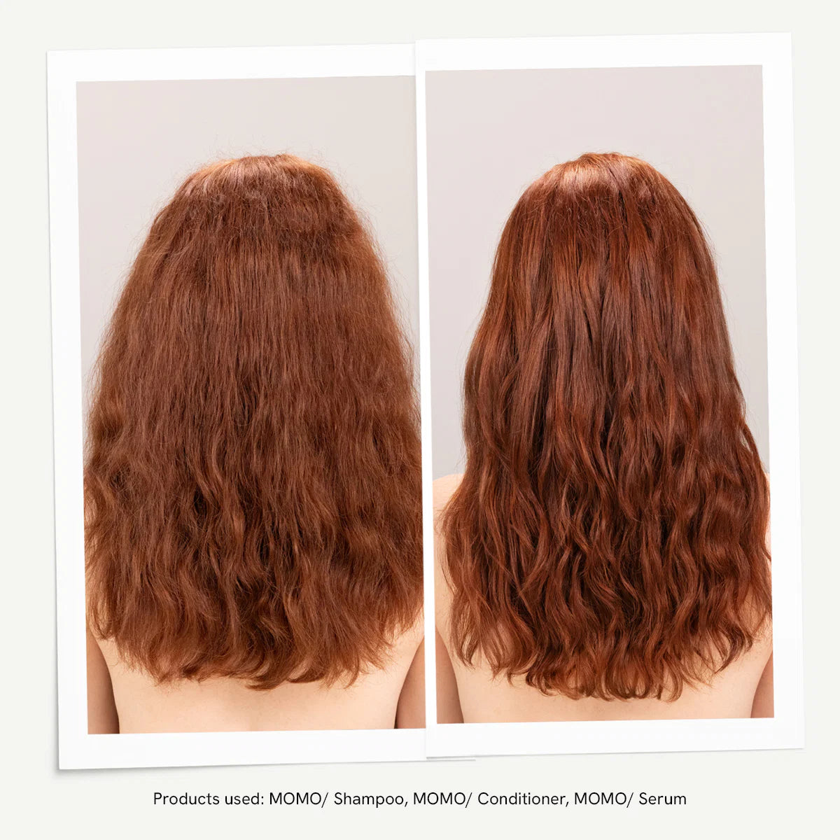 Before and after comparison of red hair with MOMO hair care products.