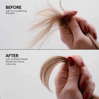 Thumbnail for Before and after comparison of hair with non-conditioning shampoo and Ultimate Repair product.