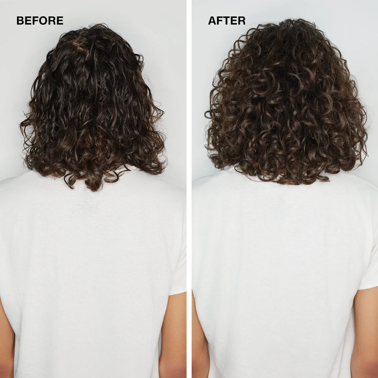 Before and after comparison of curly hair on a person wearing a white shirt.