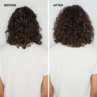 Thumbnail for Before and after comparison of curly hair on a person wearing a white shirt.