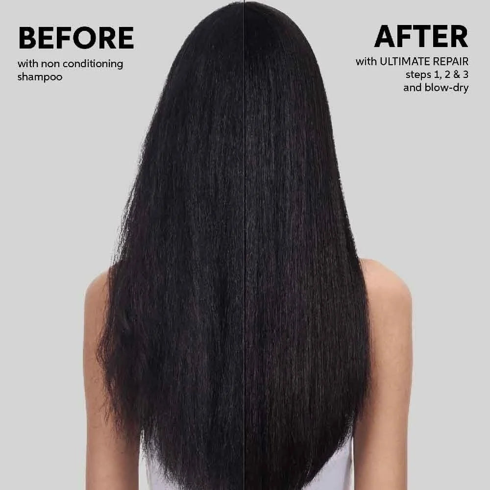 Before and after comparison of a person's long, straight black hair, shown from the back against a light gray background. The left side is labeled 'BEFORE with non conditioning shampoo' and the right side is labeled 'AFTER with ULTIMATE REPAIR steps 1, 2 & 3 and blow-dry'.