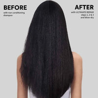 Thumbnail for Before and after comparison of a person's long, straight black hair, shown from the back against a light gray background. The left side is labeled 'BEFORE with non conditioning shampoo' and the right side is labeled 'AFTER with ULTIMATE REPAIR steps 1, 2 & 3 and blow-dry'.