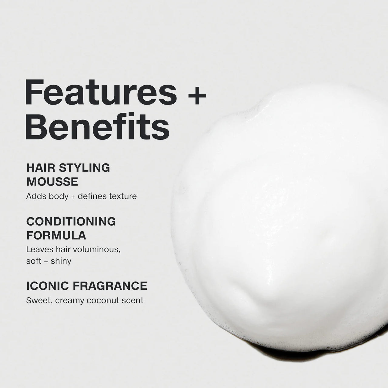 Product features and benefits listed on a white background with a close-up of a hair product.