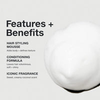 Thumbnail for Product features and benefits listed on a white background with a close-up of a hair product.