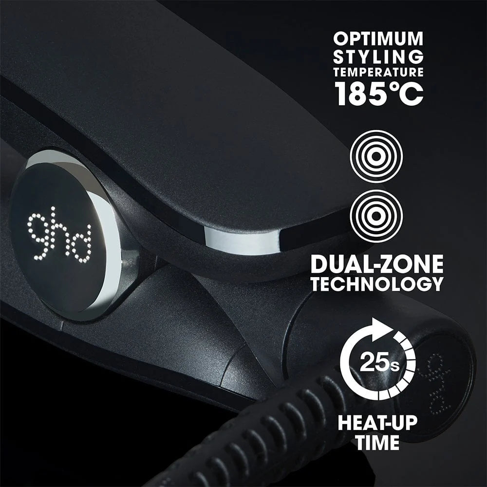 ghd hair styling tool with text highlighting features on a black background