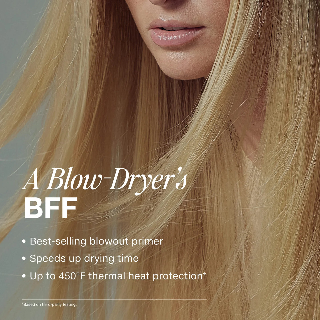 Close-up of a person with blonde hair, featuring text about a blow-dryer product.