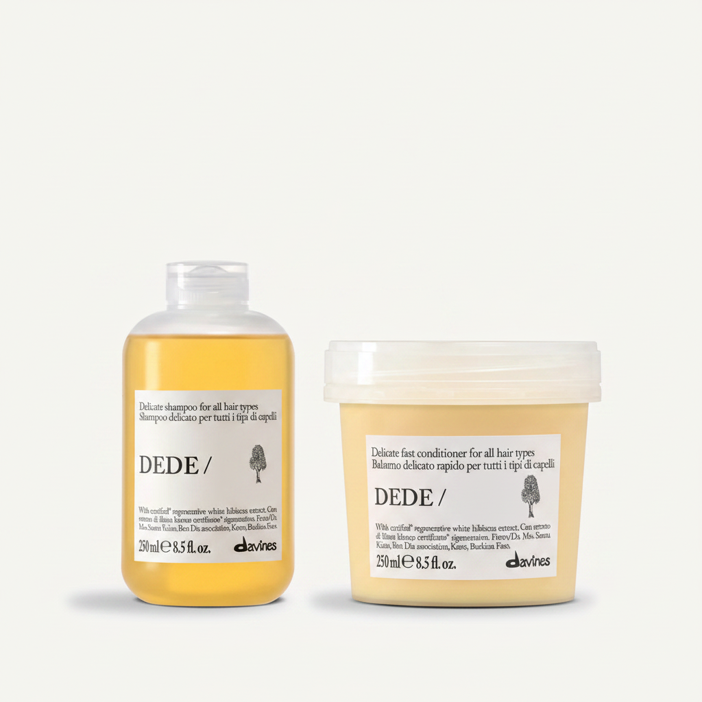 A bottle of DEDE hair shampoo and a tub of DEDE hair conditioner side by side on a light off-white background. The shampoo bottle contains a golden-yellow liquid, while the conditioner tub contains a creamy beige-yellow substance.