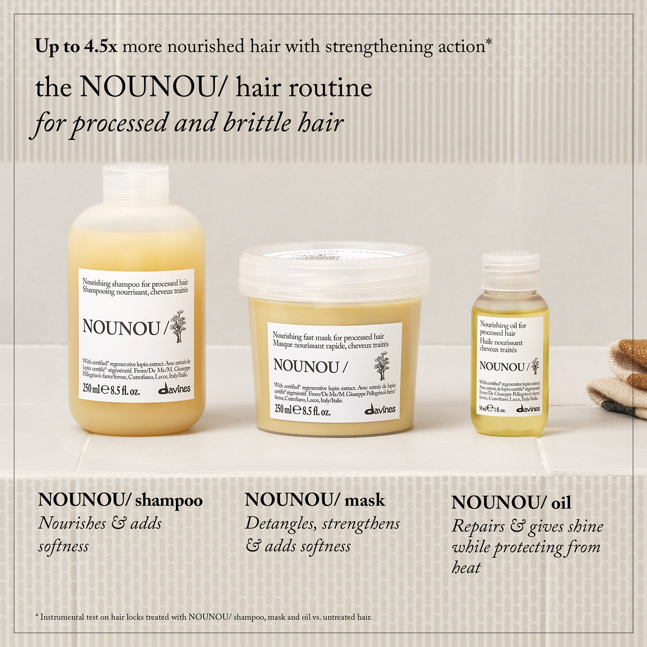 NOUNOU hair care products including shampoo, mask, and oil on a neutral background