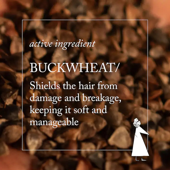 A text overlay on a close-up background of brown buckwheat grains, with the words 'active ingredient BUCKWHEAT' and descriptive copy about protecting hair from damage and breakage. A small white line drawing of a woman appears in the lower right corner.