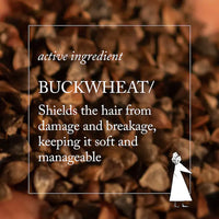 Thumbnail for A text overlay on a close-up background of brown buckwheat grains, with the words 'active ingredient BUCKWHEAT' and descriptive copy about protecting hair from damage and breakage. A small white line drawing of a woman appears in the lower right corner.
