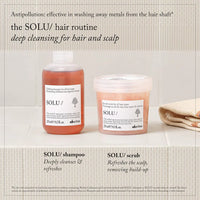Thumbnail for SOLU hair routine set featuring a bottle of SOLU shampoo and a tub of SOLU scrub on a light beige textured background with descriptive text.