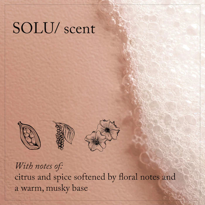 Product packaging with 'SOLU/ scent' and illustrations of botanical elements on a textured background.