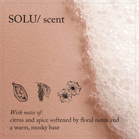 Thumbnail for Product packaging with 'SOLU/ scent' and illustrations of botanical elements on a textured background.