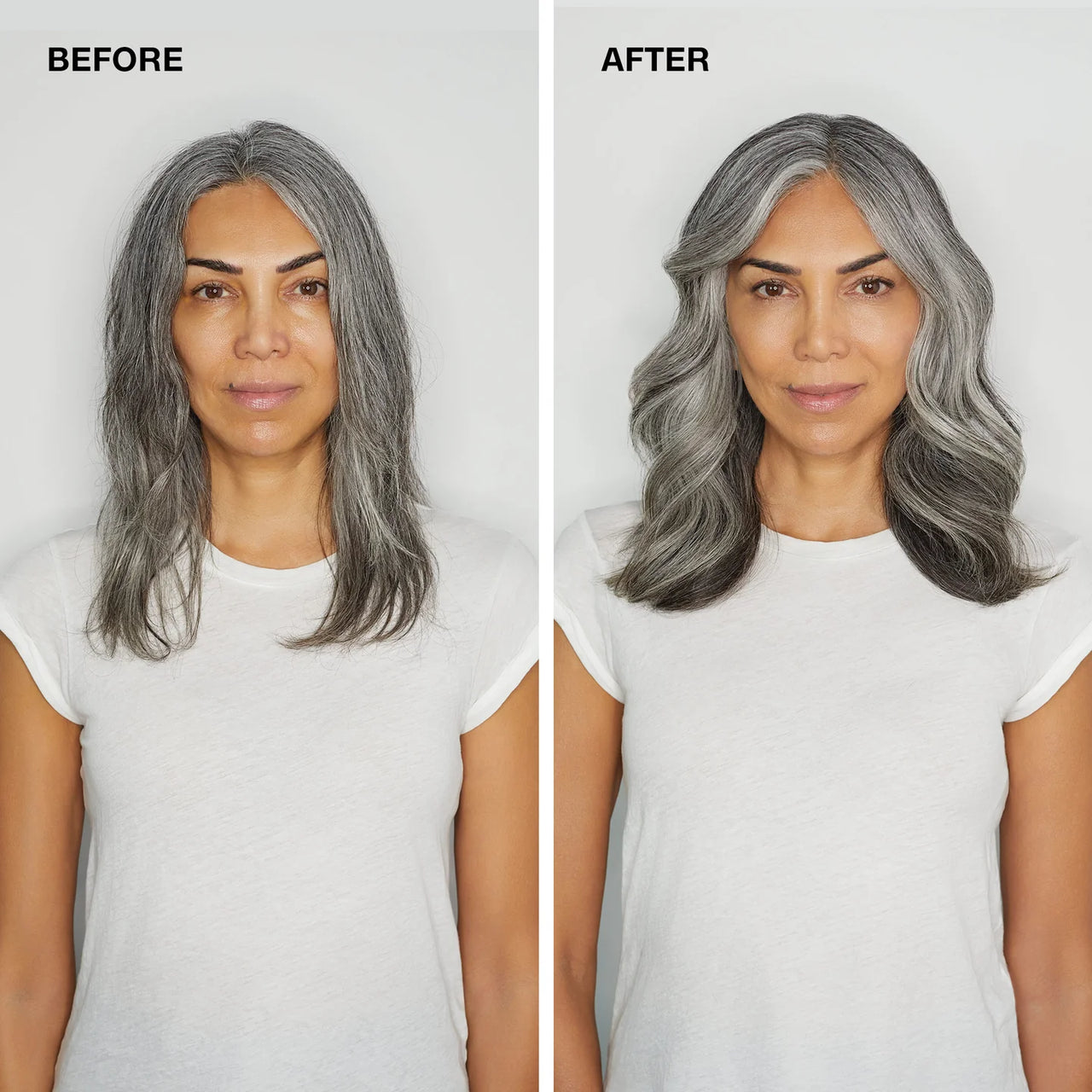 Before and after comparison of a woman with gray hair styled differently.