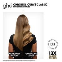 Thumbnail for Advertisement for ghd Chronos Curve Classic hair styling product showing before and after effects on hair.
