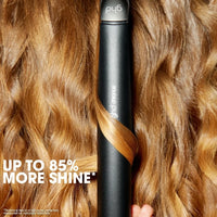 Thumbnail for Black hair straightener with wavy hair and text 'Up to 85% more shine' on a close-up of hair.