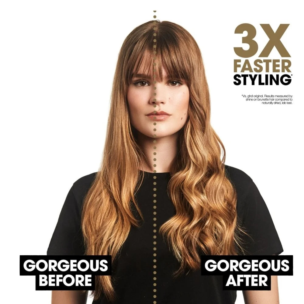 Woman with styled hair labeled 'Gorgeous Before' and 'Gorgeous After' with text '3X Faster Styling'.