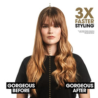 Thumbnail for Woman with styled hair labeled 'Gorgeous Before' and 'Gorgeous After' with text '3X Faster Styling'.