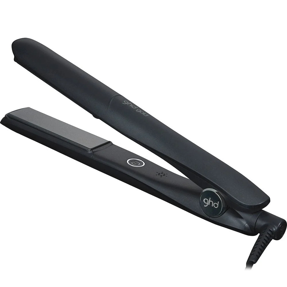 Black ghd hair straightener on a white background