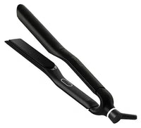 Thumbnail for A black hair straightener with adjustable plates, shown open against a plain white background.