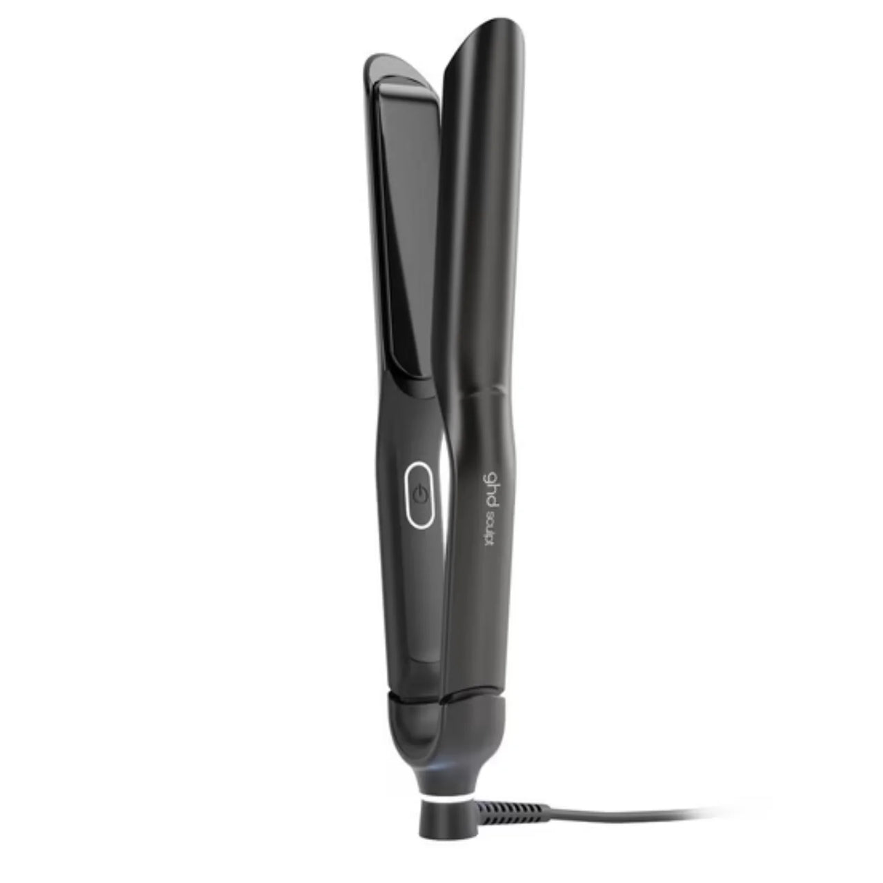 A sleek black hair straightener with a digital temperature display and power button, shown on a plain white background with its cord visible.
