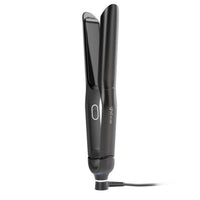 Thumbnail for A sleek black hair straightener with a digital temperature display and power button, shown on a plain white background with its cord visible.