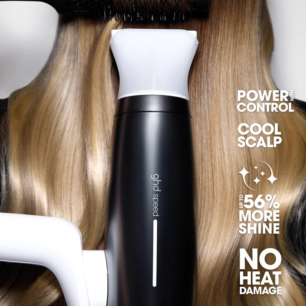 Hair styling tool with text highlighting features on a blurred hair background
