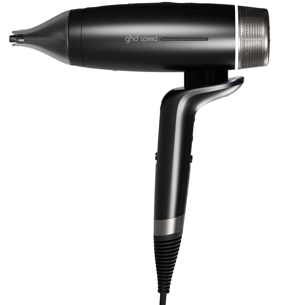 Black hair dryer with 'ghd' branding on a white background