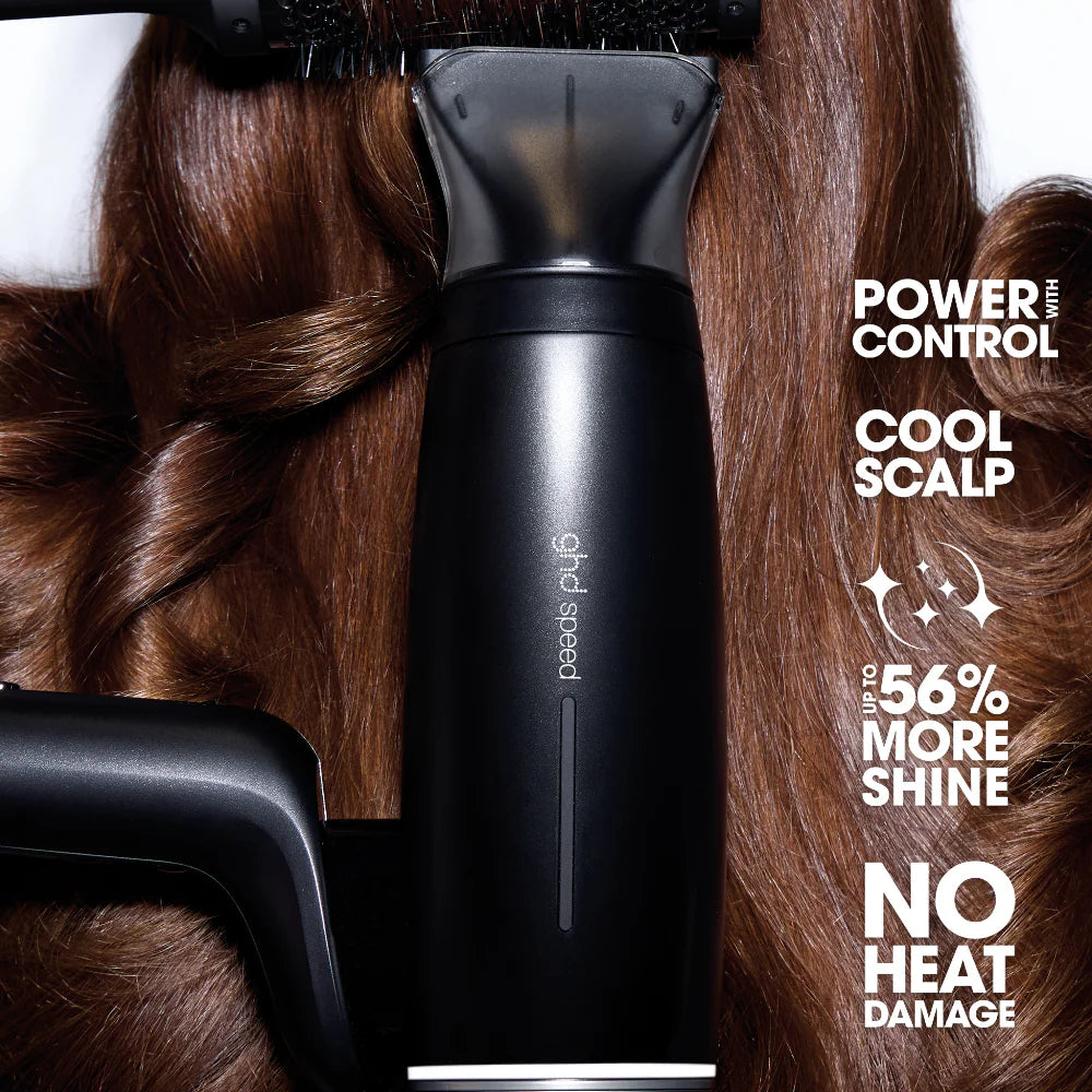 Black hair dryer with text highlighting features on a white background