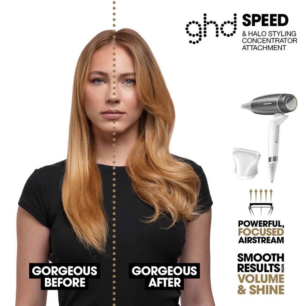 Woman with styled hair before and after using ghd product, with ghd branding and product image.