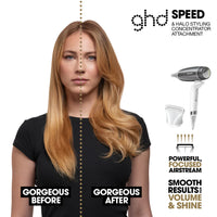 Thumbnail for Woman with styled hair before and after using ghd product, with ghd branding and product image.