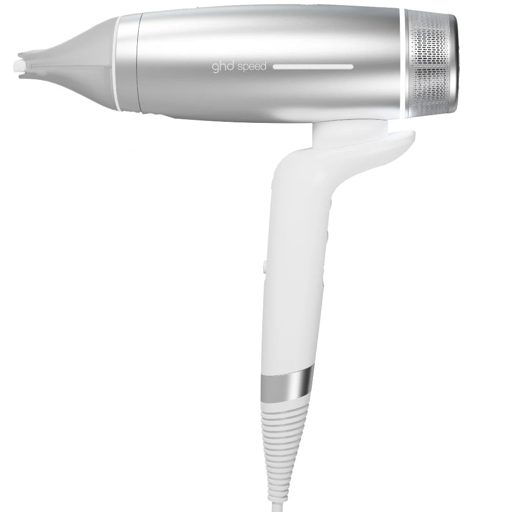 White and silver hair dryer with 'ghd' branding on a white background