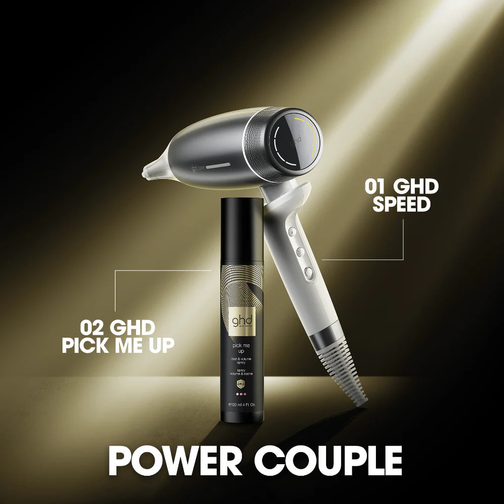 GHD hair dryer and bottle on a dark background with 'Power Couple' text.