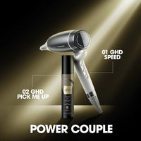 Thumbnail for GHD hair dryer and bottle on a dark background with 'Power Couple' text.