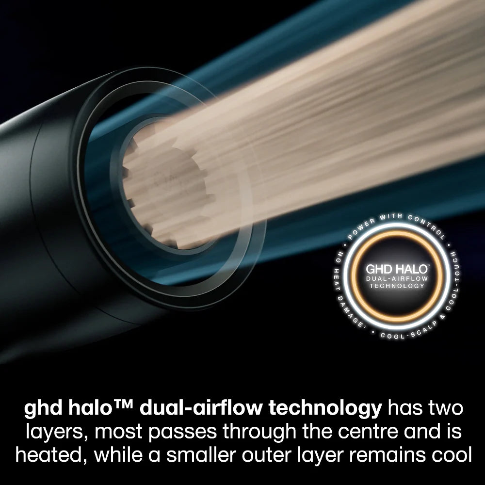 Close-up of ghd hair straightener with 'ghd halo dual-airflow technology' label on a black background.