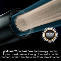 Thumbnail for Close-up of ghd hair straightener with 'ghd halo dual-airflow technology' label on a black background.
