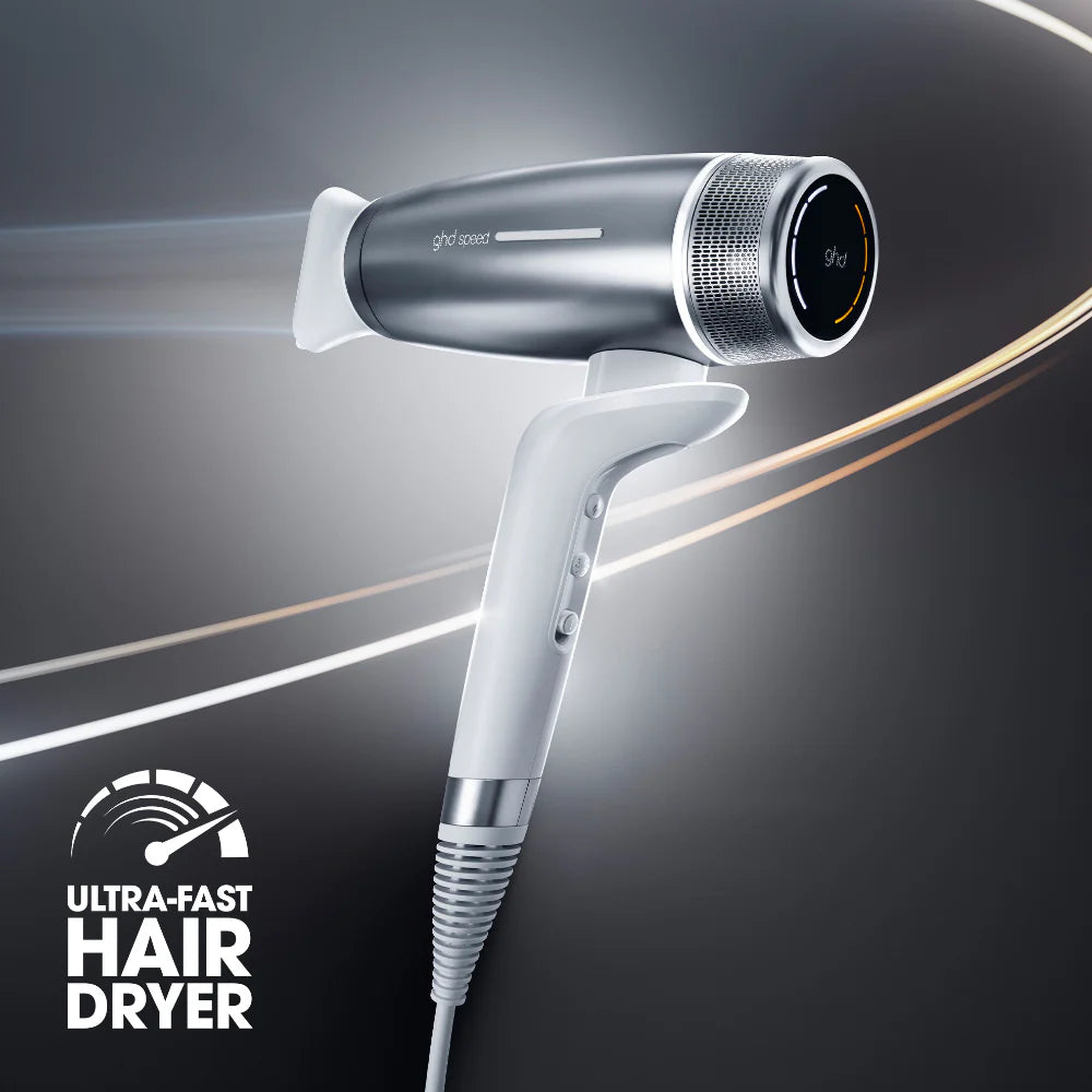 GHD hair dryer on a dark background with 'Ultra-Fast Hair Dryer' text.