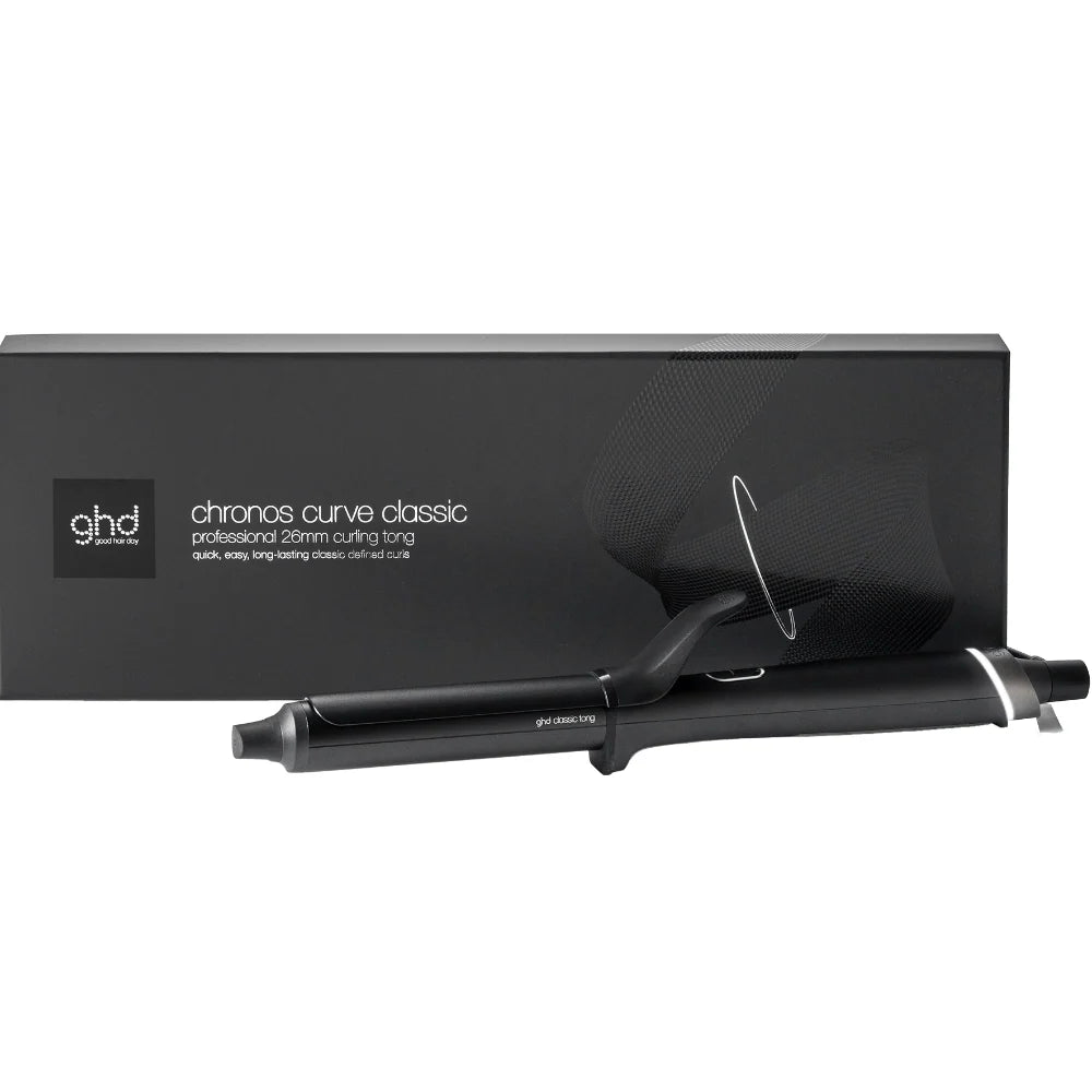 Black ghd curling iron with packaging on a white background