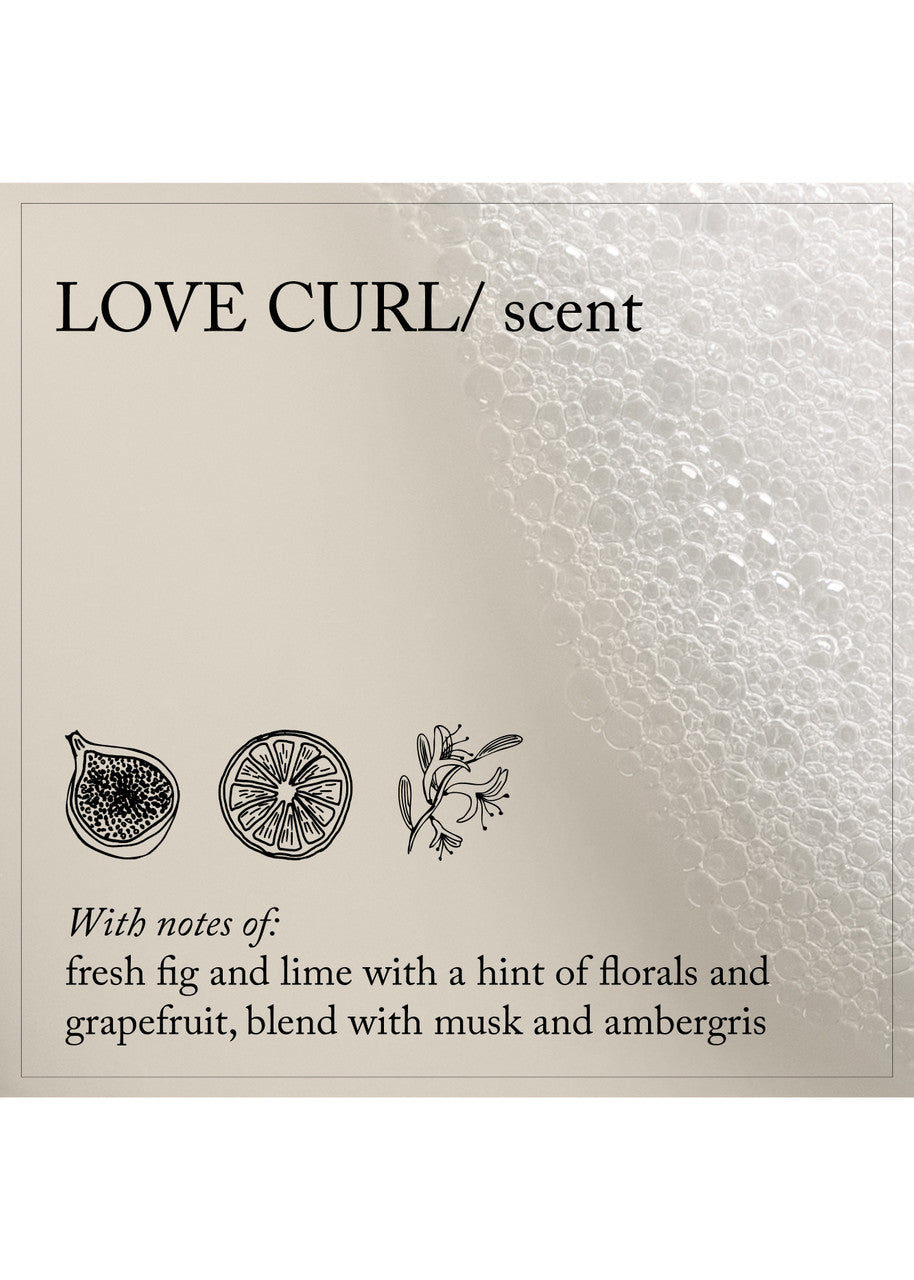 Product packaging with 'LOVE CURL' scent description and botanical illustrations on a textured background.
