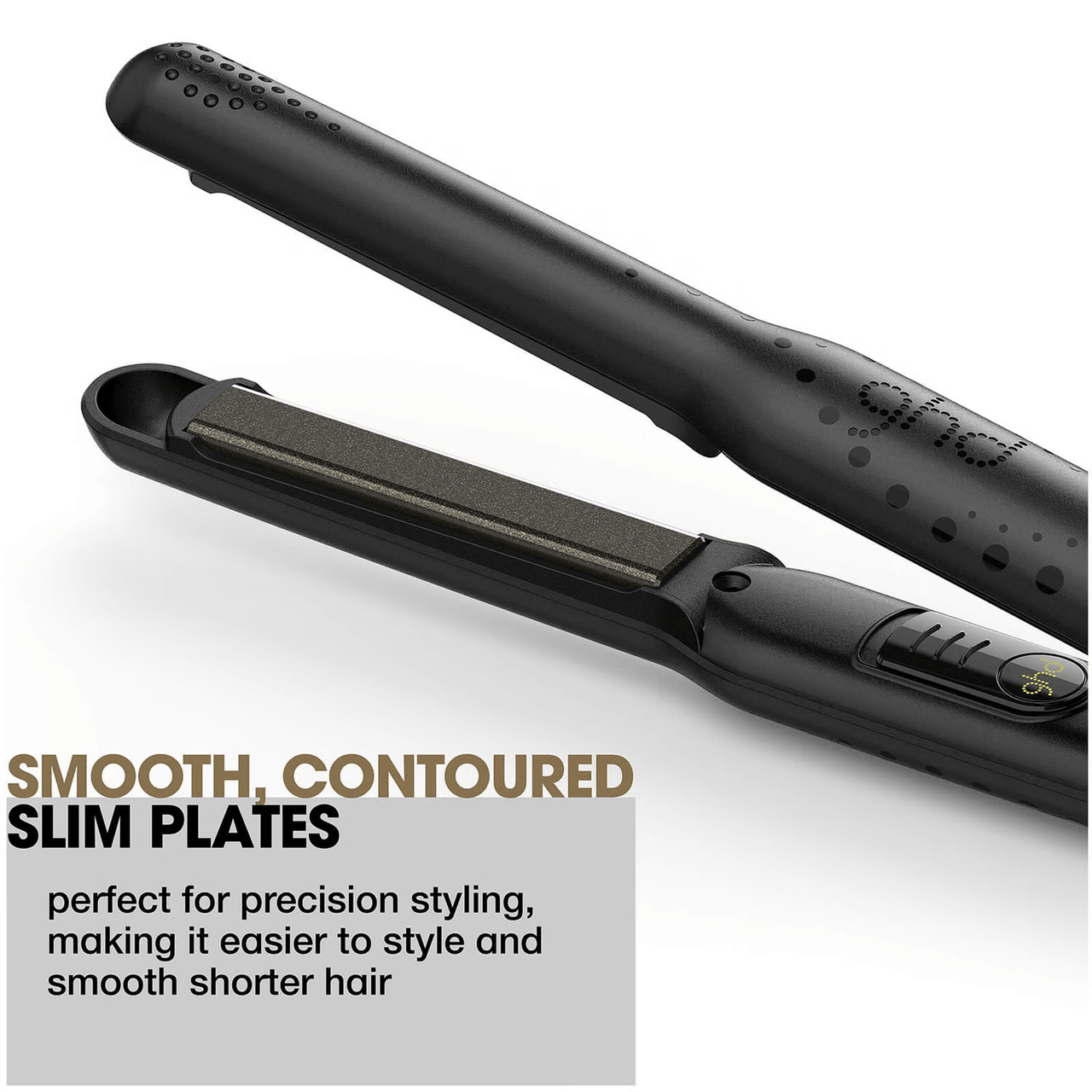 A black flat iron hair straightener shown open on a white background, with marketing text in the lower left that reads 'SMOOTH, CONTOURED SLIM PLATES' and 'perfect for precision styling, making it easier to style and smooth shorter hair.'.
