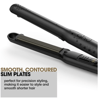 Thumbnail for A black flat iron hair straightener shown open on a white background, with marketing text in the lower left that reads 'SMOOTH, CONTOURED SLIM PLATES' and 'perfect for precision styling, making it easier to style and smooth shorter hair.'.