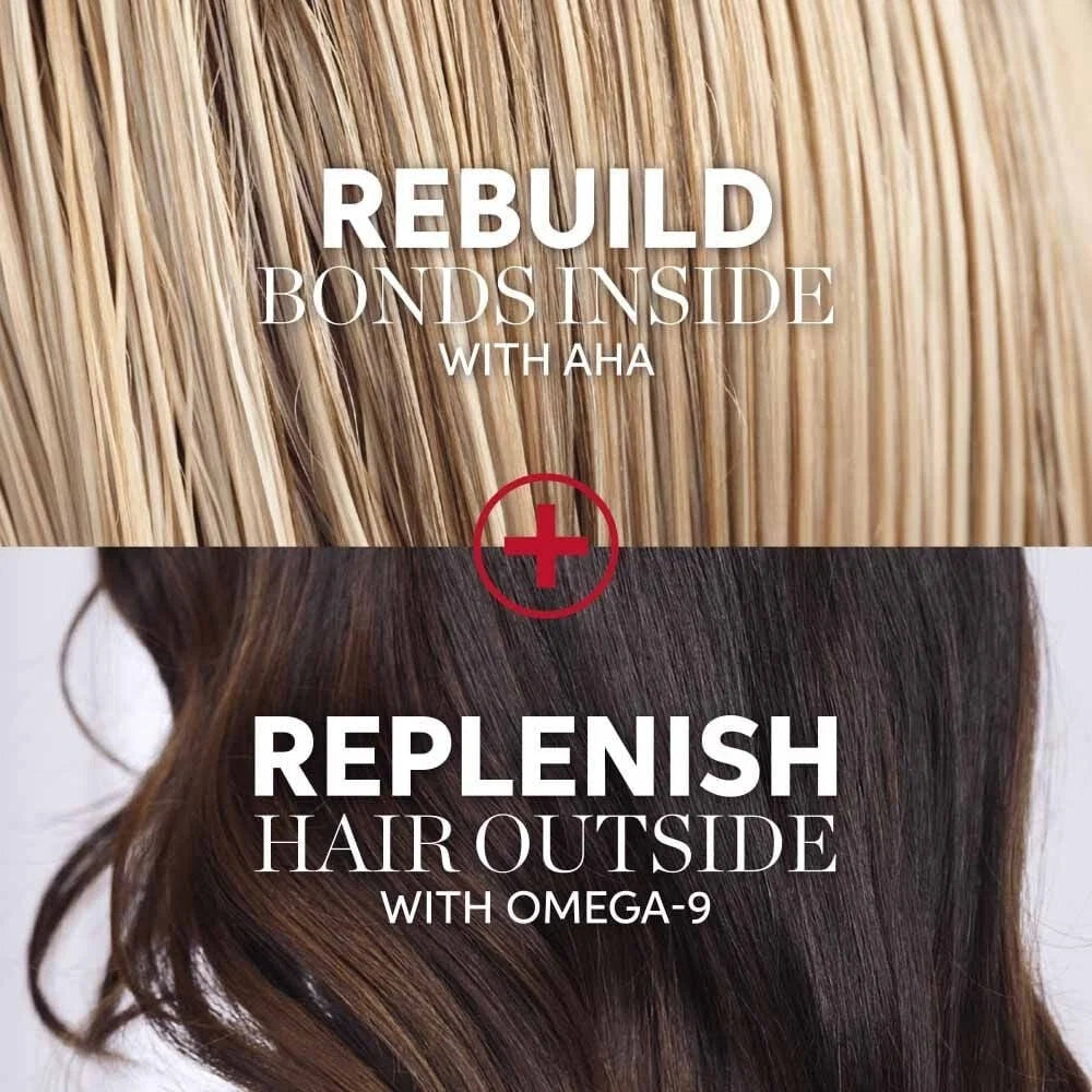 Hair care product advertisement with text about rebuilding bonds inside and replenishing hair outside.